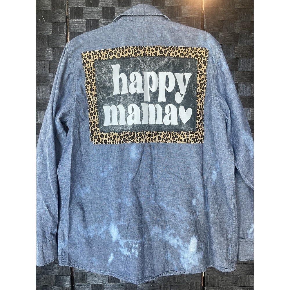 Wrangler Shirt Women Large Blue Bleached Denim Button Up Long Sleeve Happy Mama